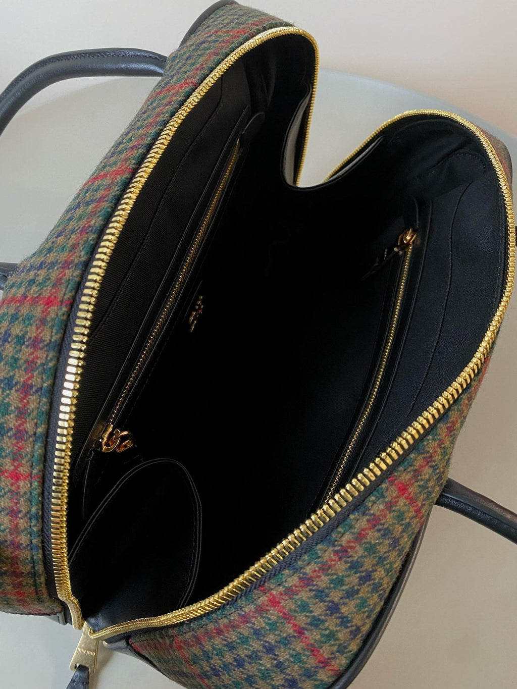 MIU MIU BEAU TOP HANDLE BAG 34 IN LODEN GREEN TARTAN AND BLACK LEATHER TRIM
