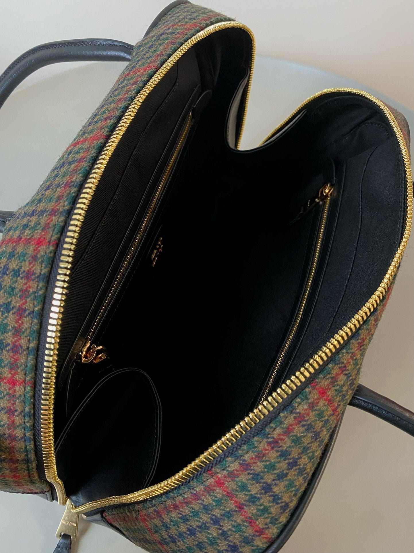 MIU MIU BEAU TOP HANDLE BAG 34 IN LODEN GREEN TARTAN AND BLACK LEATHER TRIM