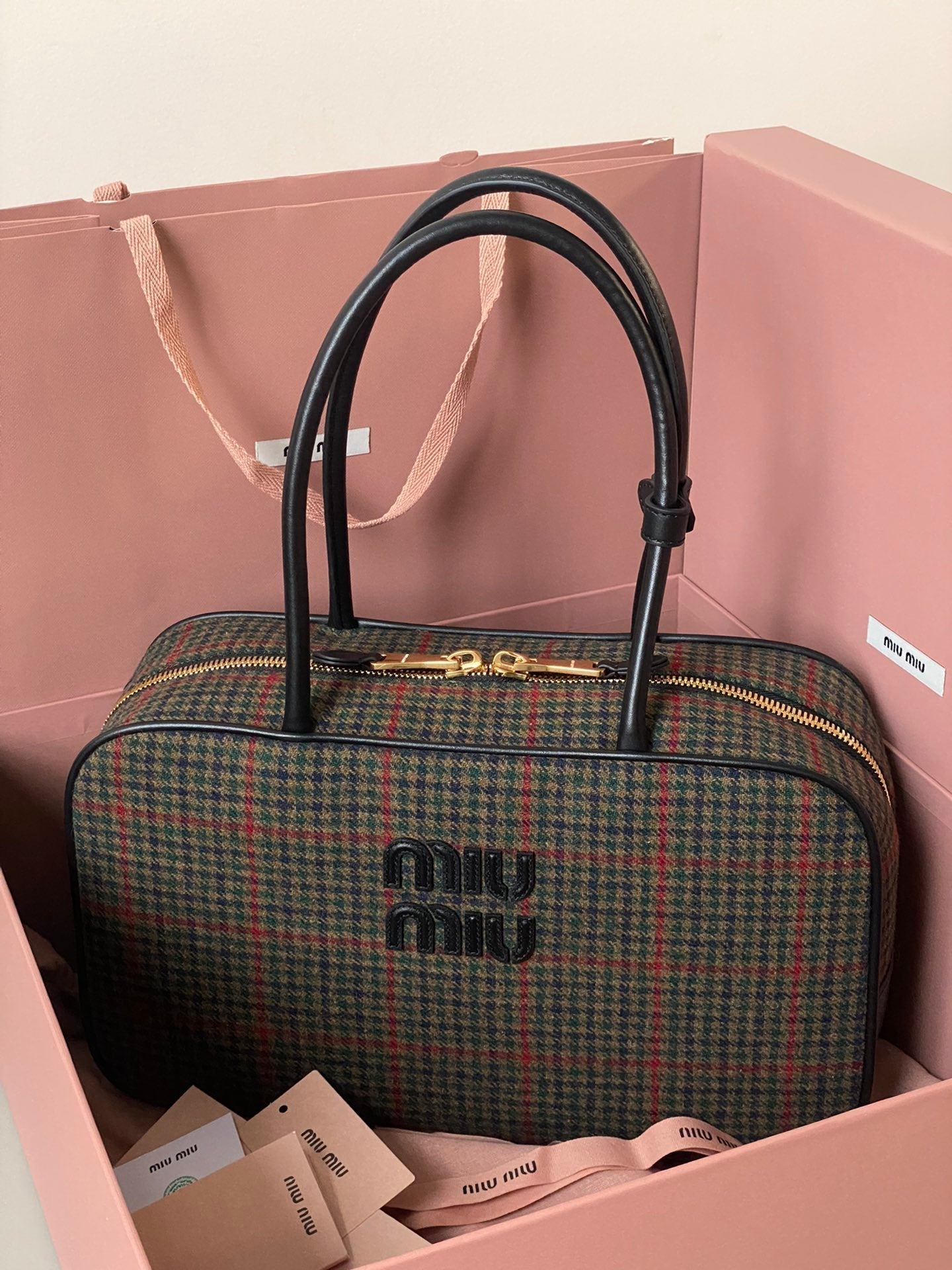 MIU MIU BEAU TOP HANDLE BAG 34 IN LODEN GREEN TARTAN AND BLACK LEATHER TRIM
