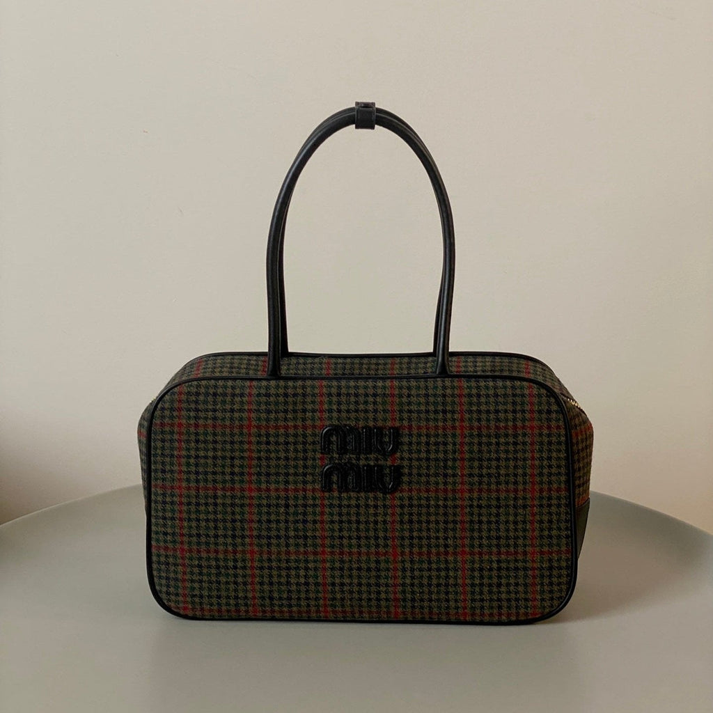 MIU MIU BEAU TOP HANDLE BAG 34 IN LODEN GREEN TARTAN AND BLACK LEATHER TRIM