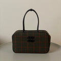 MIU MIU BEAU TOP HANDLE BAG 34 IN LODEN GREEN TARTAN AND BLACK LEATHER TRIM