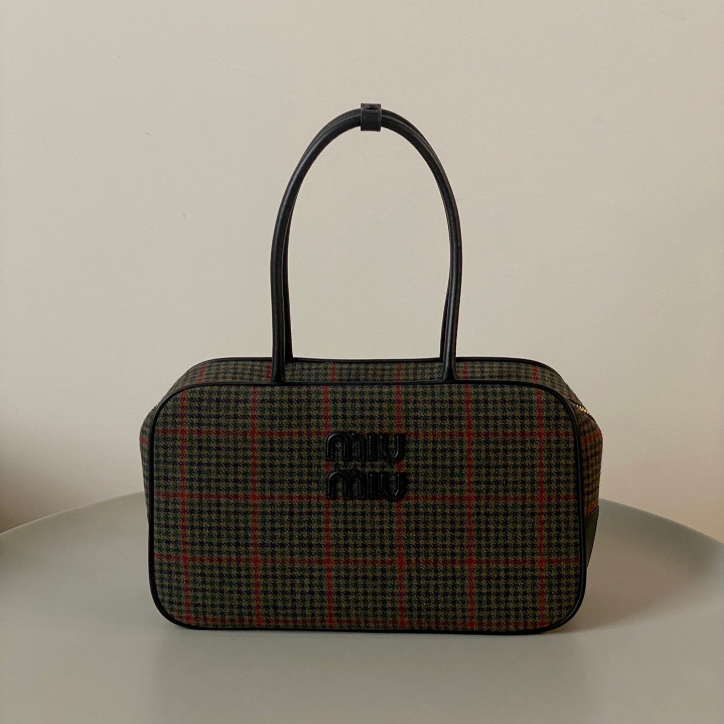 MIU MIU BEAU TOP HANDLE BAG 34 IN LODEN GREEN TARTAN AND BLACK LEATHER TRIM