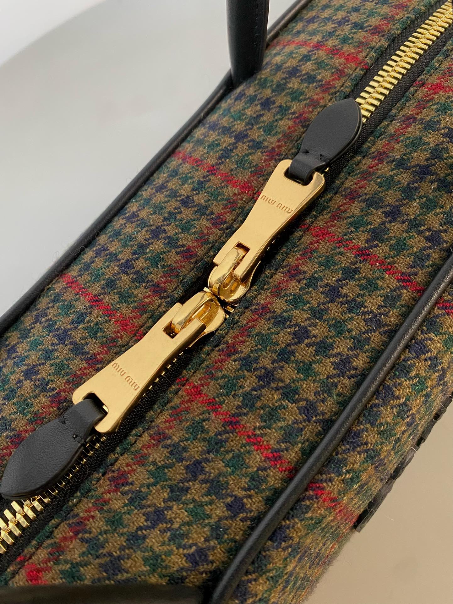 MIU MIU BEAU TOP HANDLE BAG 34 IN LODEN GREEN TARTAN AND BLACK LEATHER TRIM