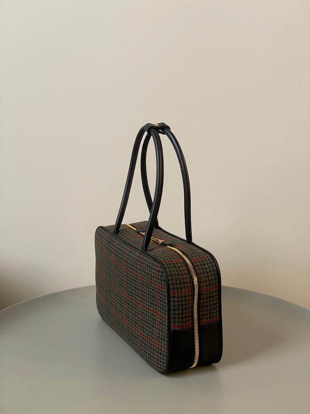 MIU MIU BEAU TOP HANDLE BAG 34 IN LODEN GREEN TARTAN AND BLACK LEATHER TRIM