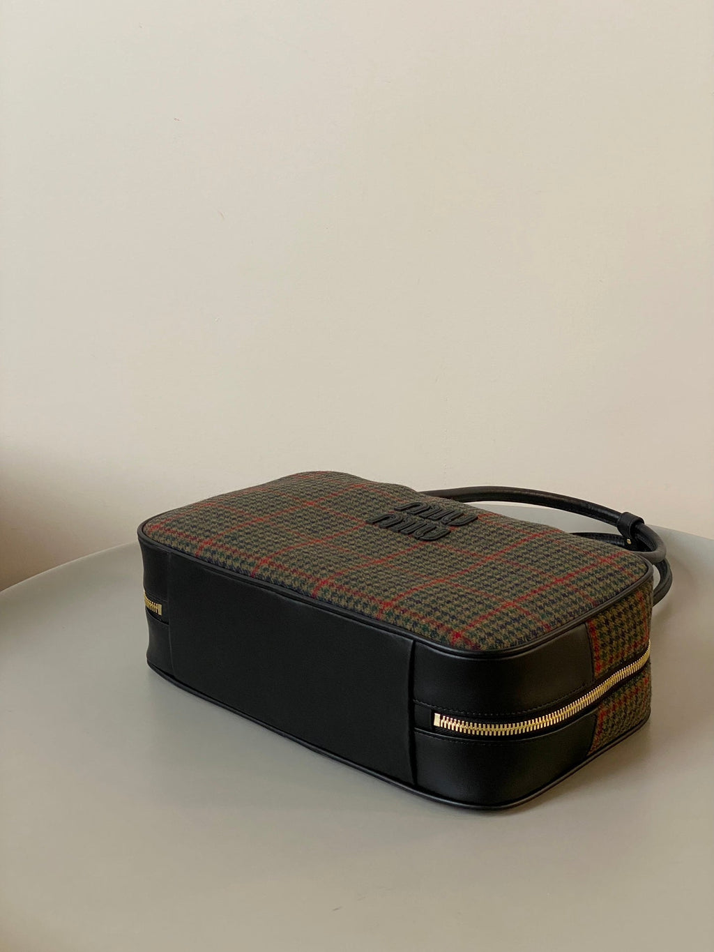 MIU MIU BEAU TOP HANDLE BAG 34 IN LODEN GREEN TARTAN AND BLACK LEATHER TRIM