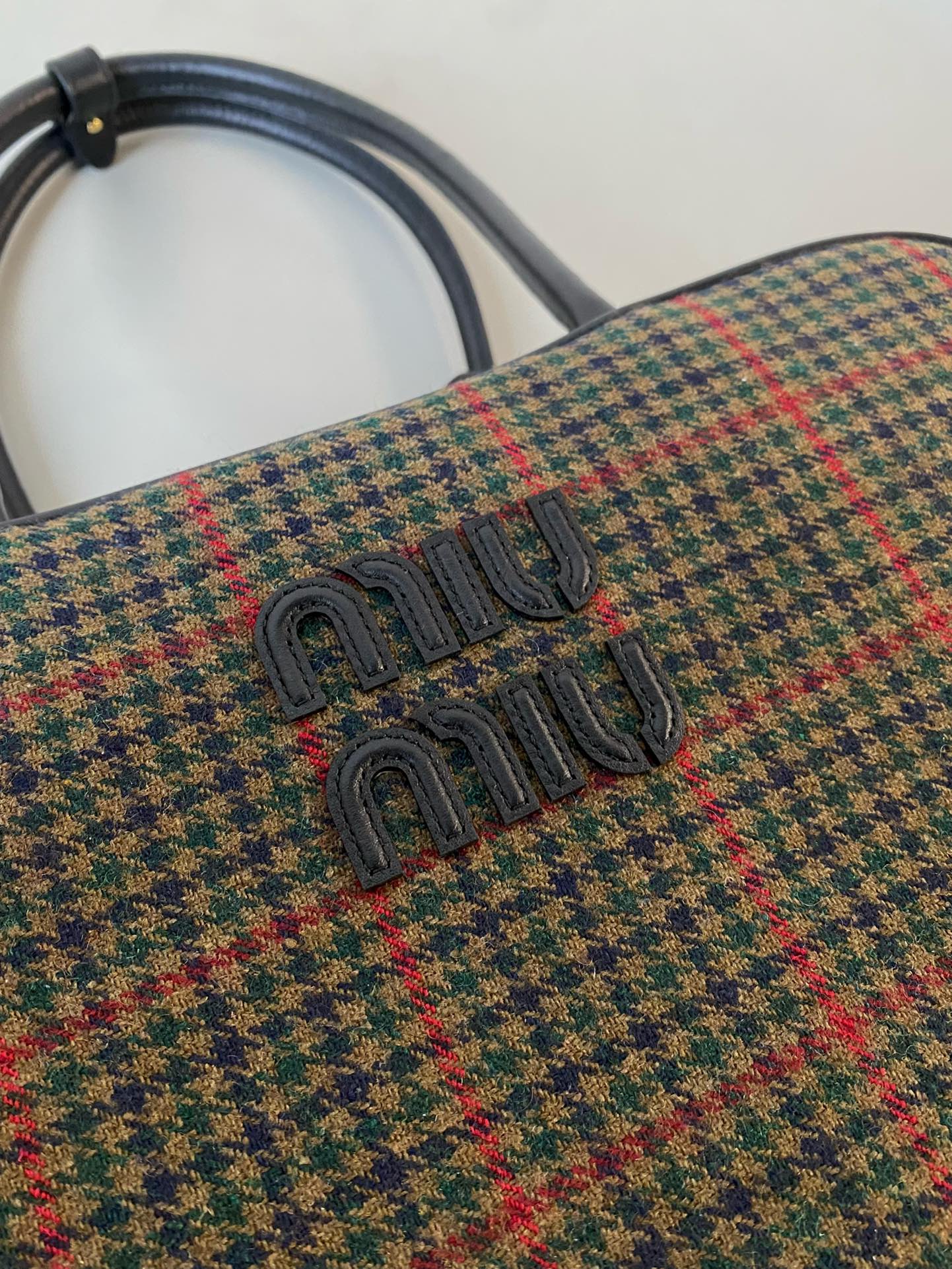 MIU MIU BEAU TOP HANDLE BAG 34 IN LODEN GREEN TARTAN AND BLACK LEATHER TRIM