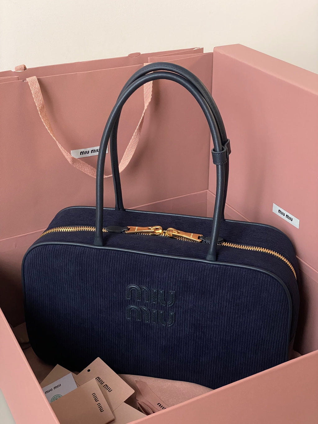 MIU MIU BEAU TOP HANDLE BAG 34 IN NAVY BLUE CORDUROY