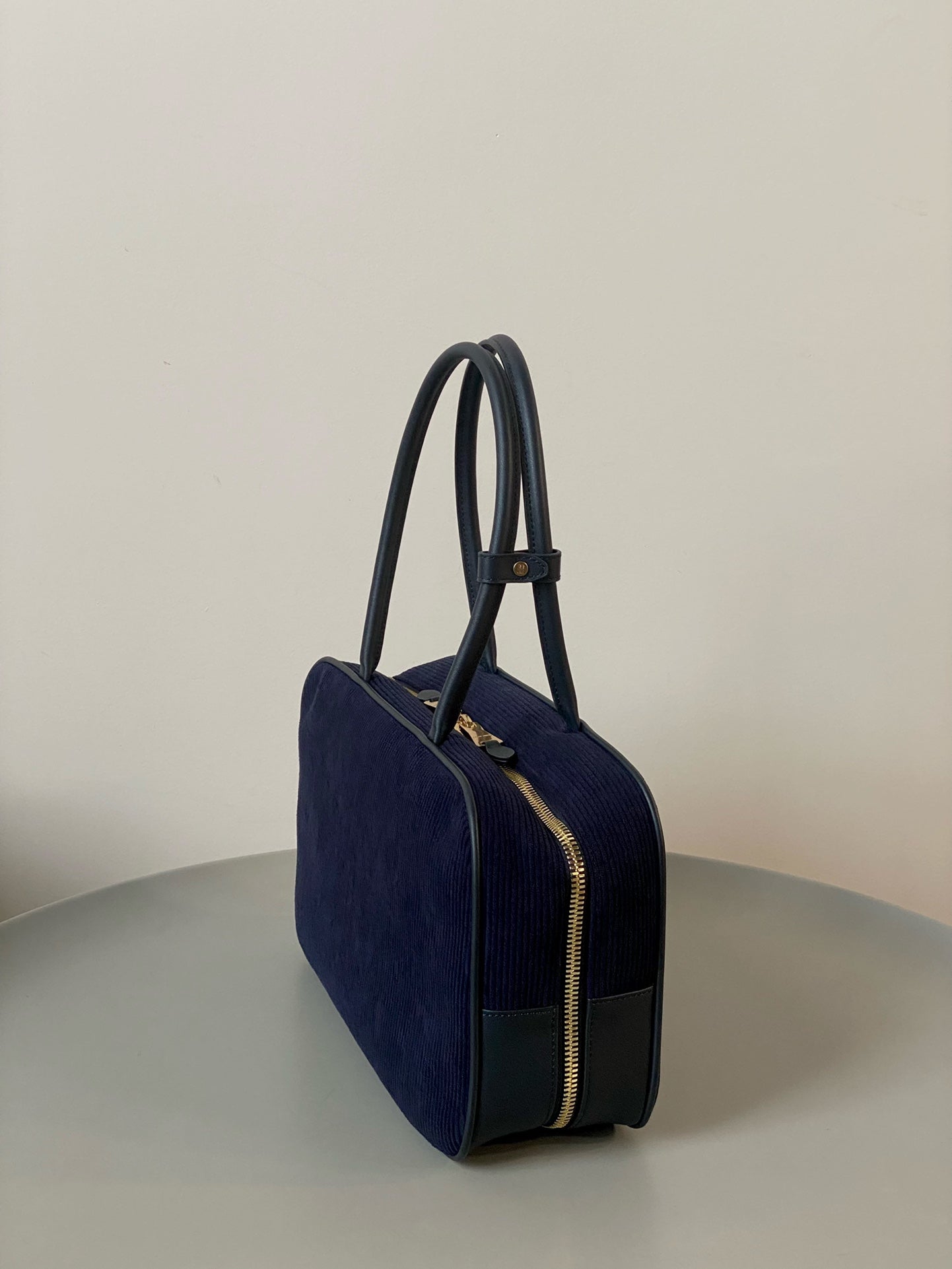 MIU MIU BEAU TOP HANDLE BAG 34 IN NAVY BLUE CORDUROY