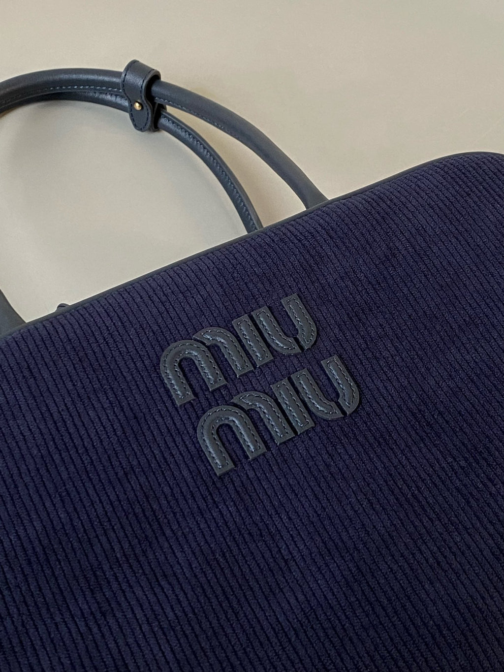 MIU MIU BEAU TOP HANDLE BAG 34 IN NAVY BLUE CORDUROY