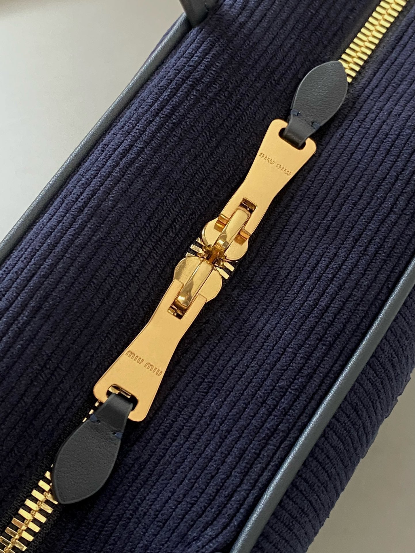 MIU MIU BEAU TOP HANDLE BAG 34 IN NAVY BLUE CORDUROY