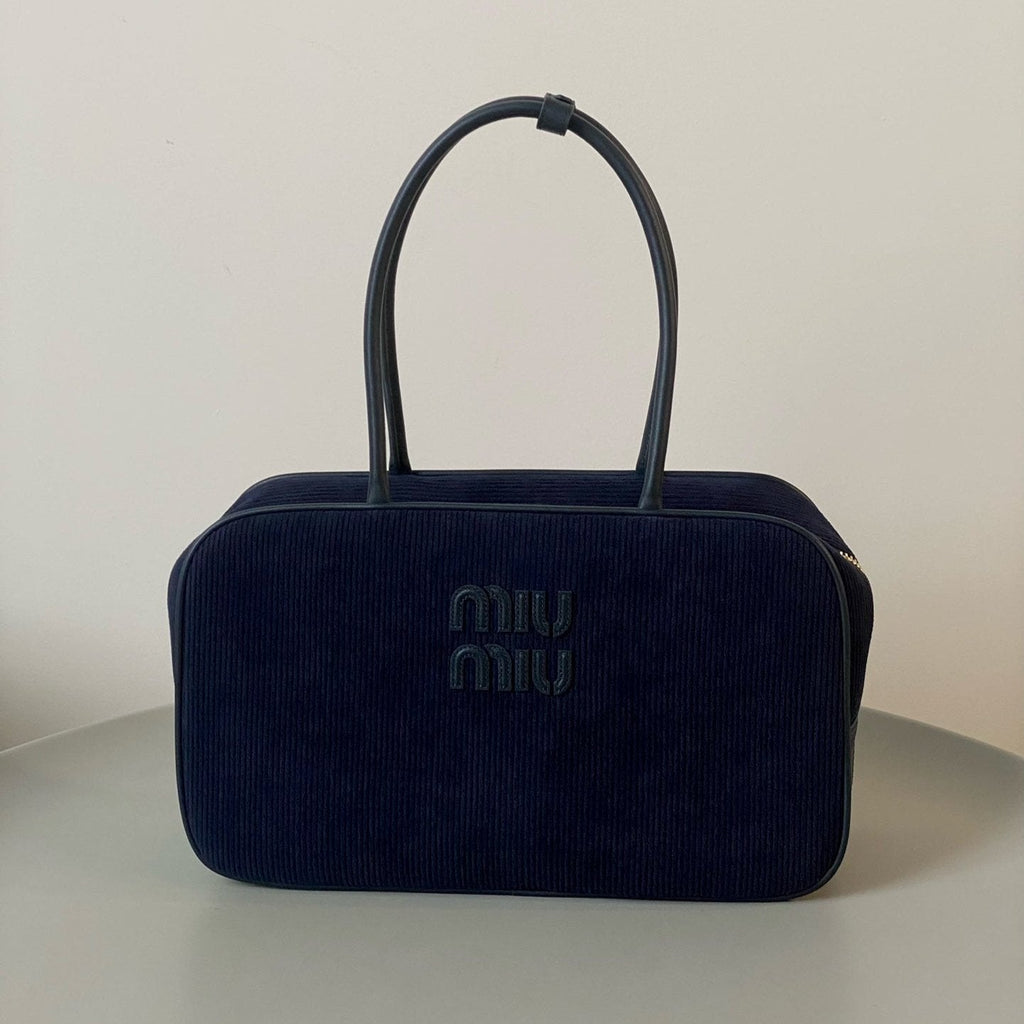 MIU MIU BEAU TOP HANDLE BAG 34 IN NAVY BLUE CORDUROY