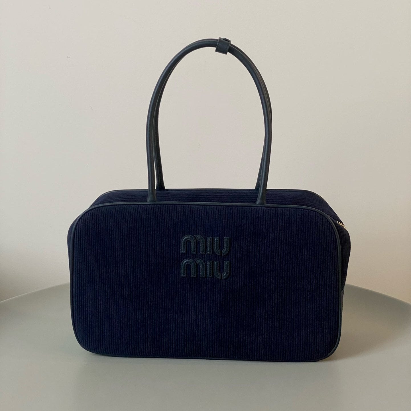 MIU MIU BEAU TOP HANDLE BAG 34 IN NAVY BLUE CORDUROY