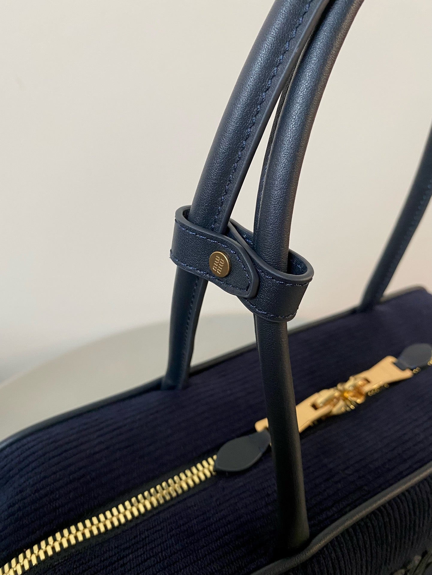 MIU MIU BEAU TOP HANDLE BAG 34 IN NAVY BLUE CORDUROY