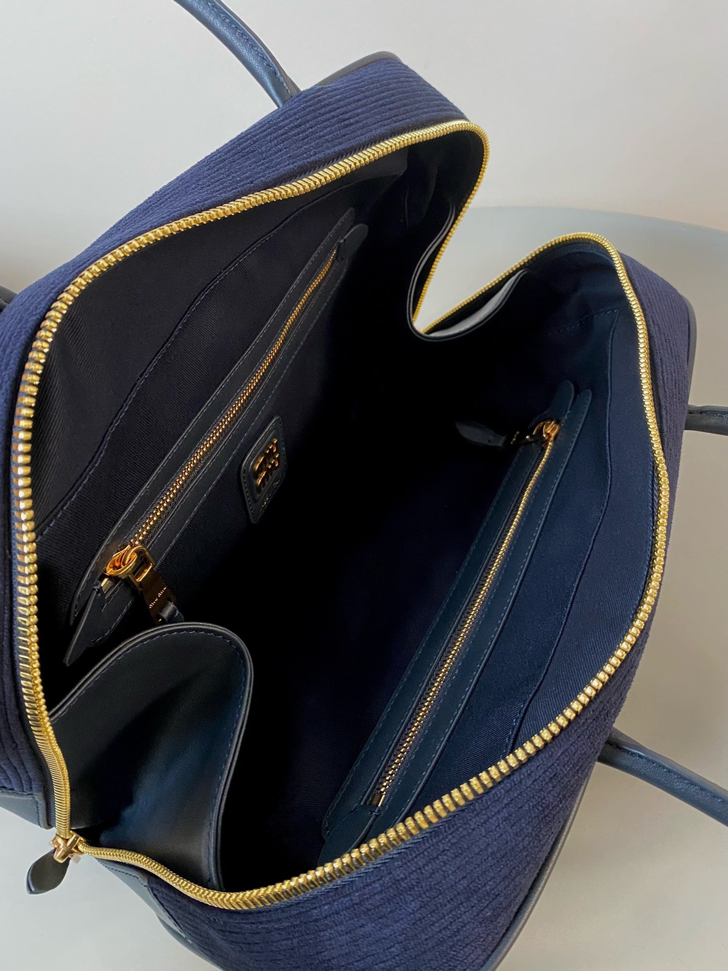 MIU MIU BEAU TOP HANDLE BAG 34 IN NAVY BLUE CORDUROY