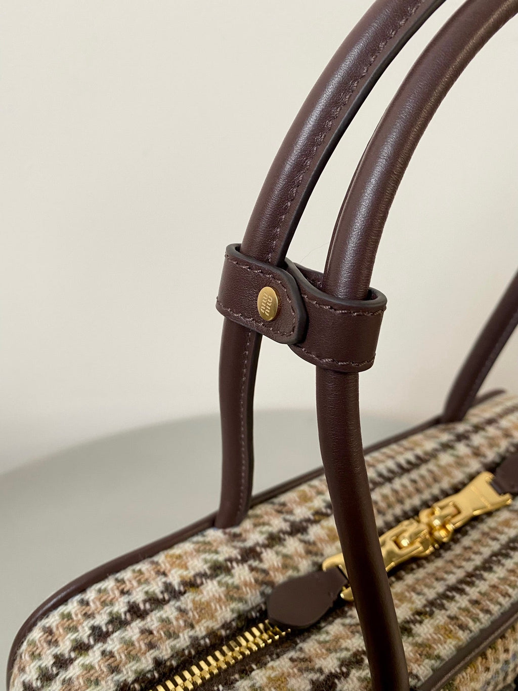 MIU MIU BEAU TOP HANDLE BAG 27 IN BEIGE TARTAN AND COCOA BROWN LEATHER TRIM