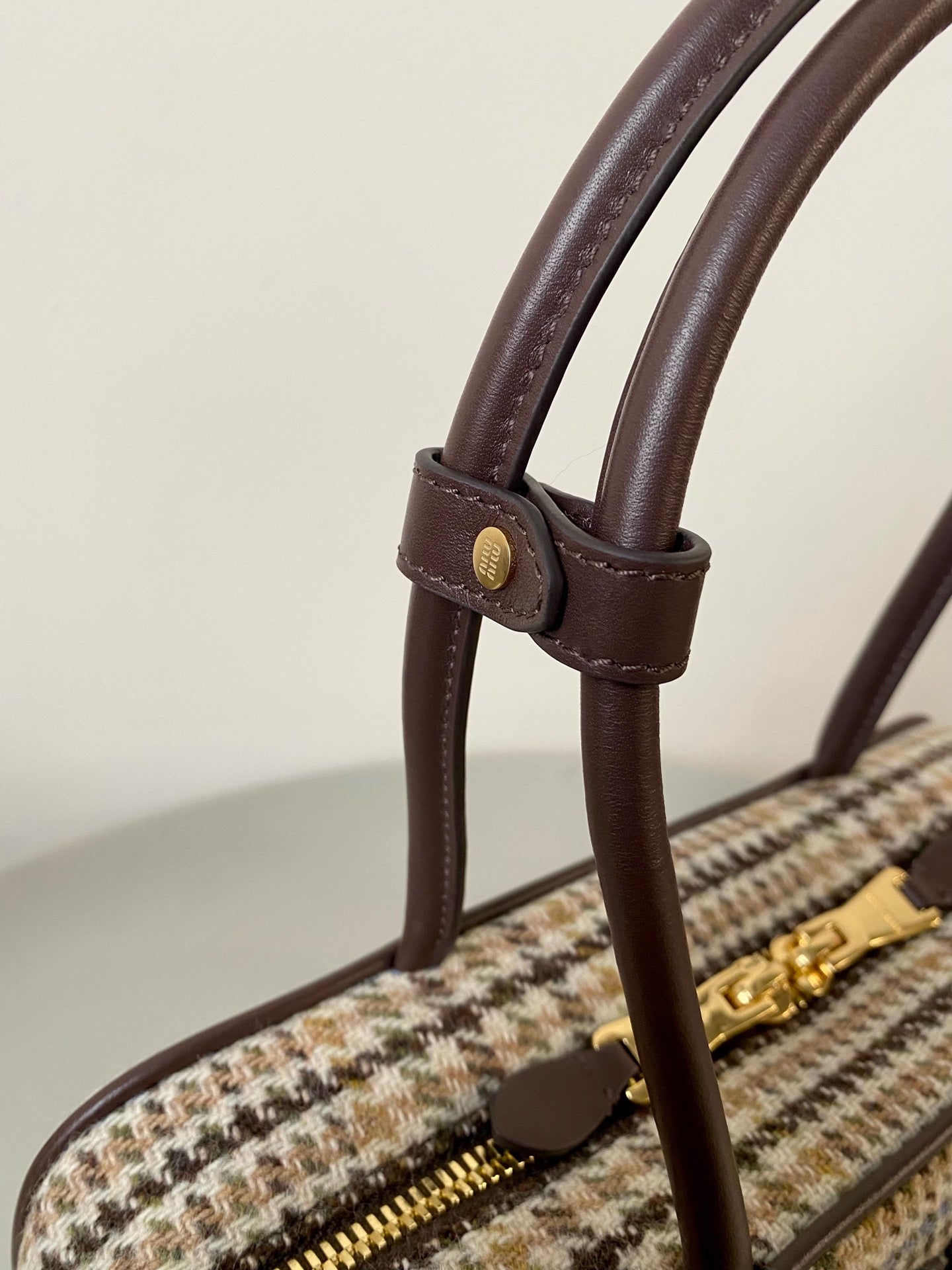 MIU MIU BEAU TOP HANDLE BAG 27 IN BEIGE TARTAN AND COCOA BROWN LEATHER TRIM