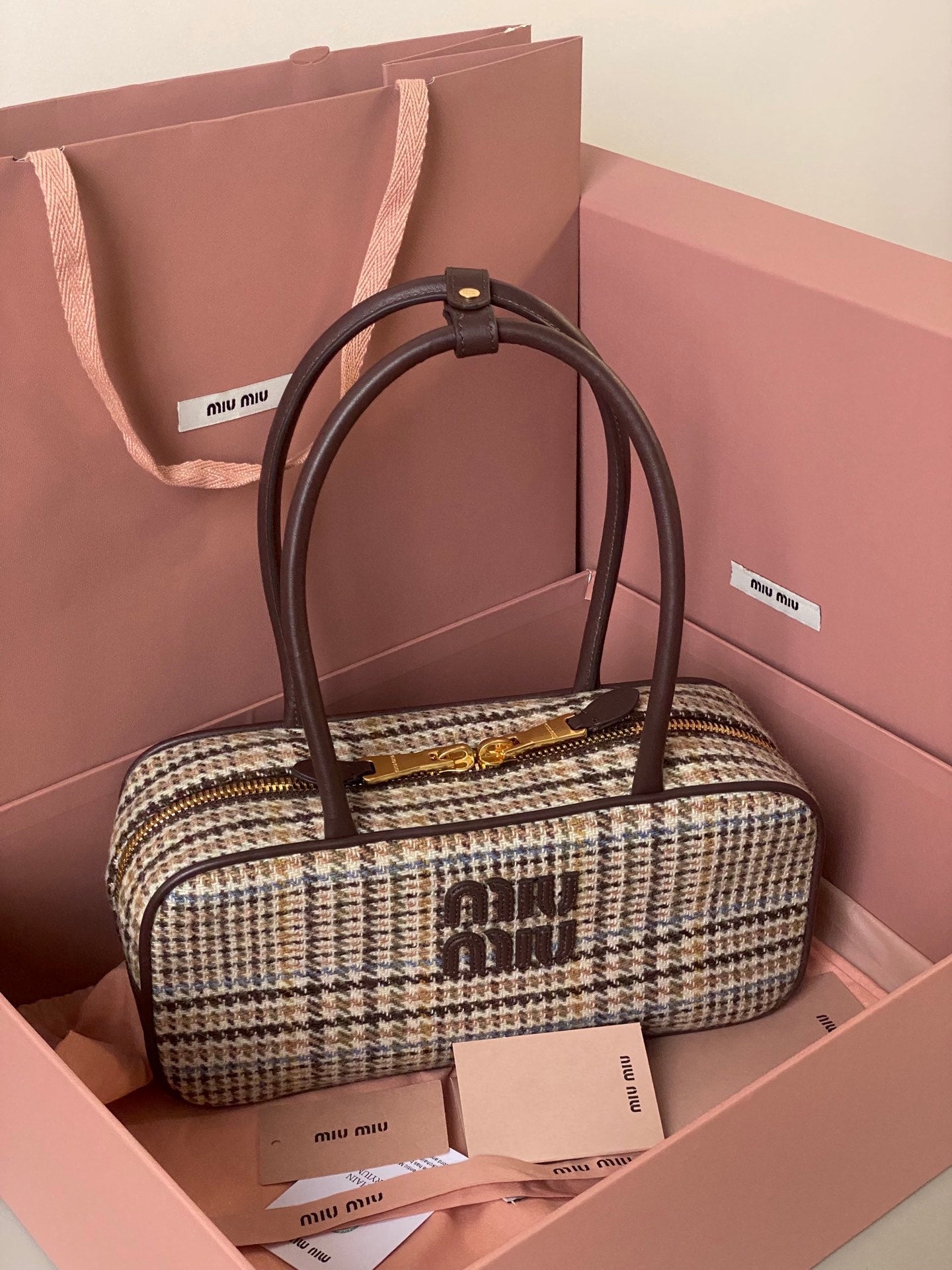 MIU MIU BEAU TOP HANDLE BAG 27 IN BEIGE TARTAN AND COCOA BROWN LEATHER TRIM