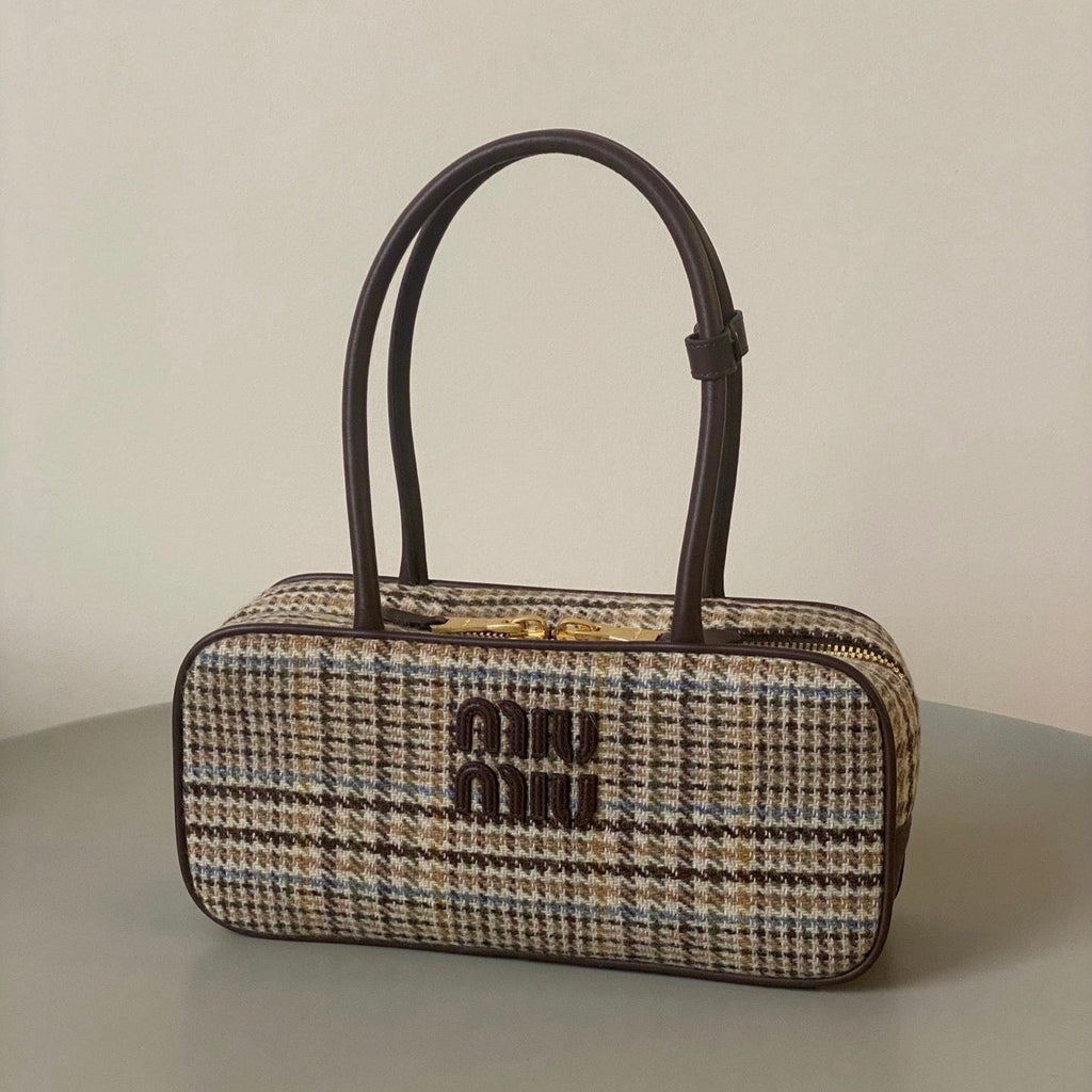 MIU MIU BEAU TOP HANDLE BAG 27 IN BEIGE TARTAN AND COCOA BROWN LEATHER TRIM