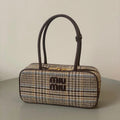 MIU MIU BEAU TOP HANDLE BAG 27 IN BEIGE TARTAN AND COCOA BROWN LEATHER TRIM