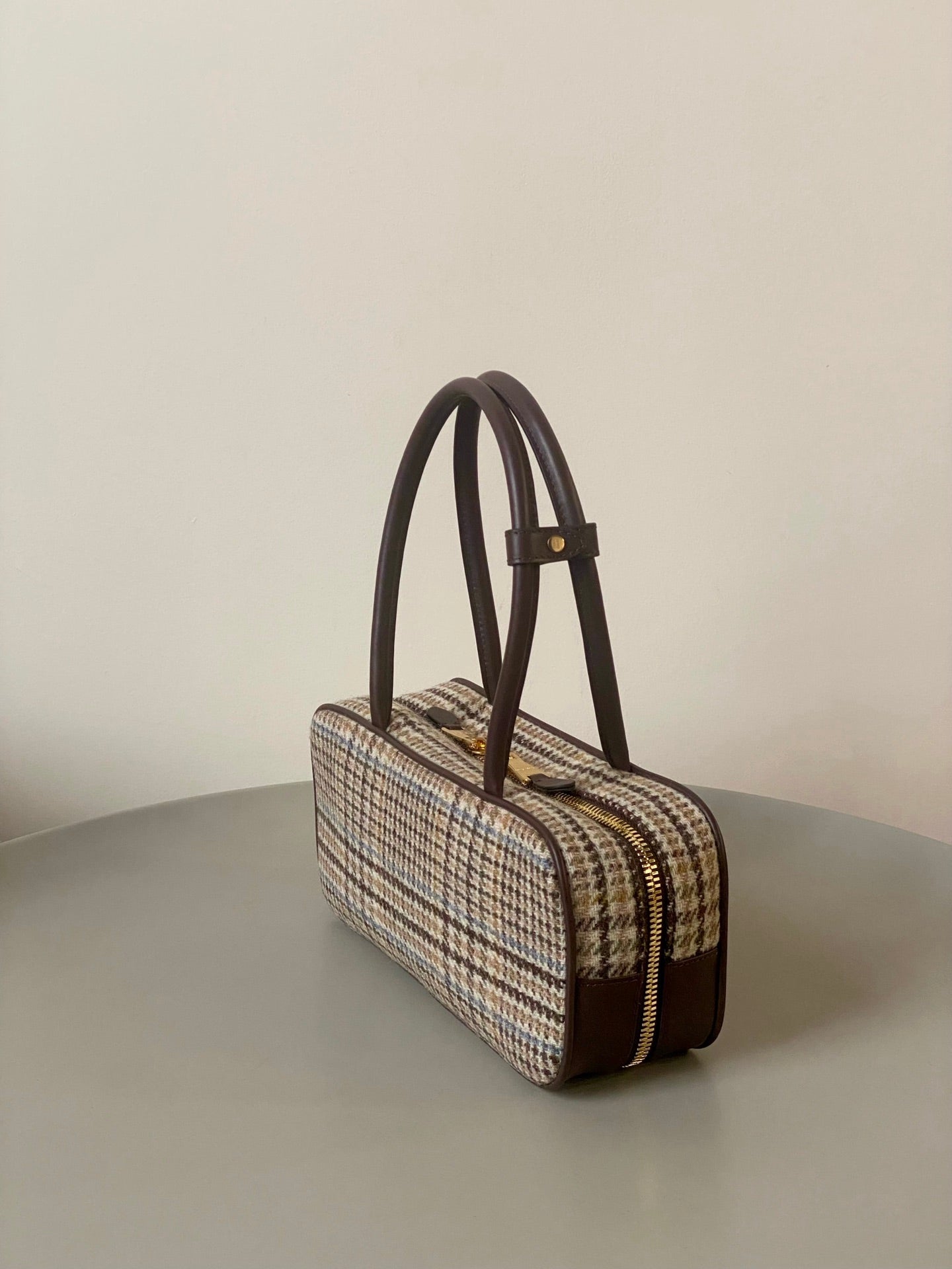 MIU MIU BEAU TOP HANDLE BAG 27 IN BEIGE TARTAN AND COCOA BROWN LEATHER TRIM