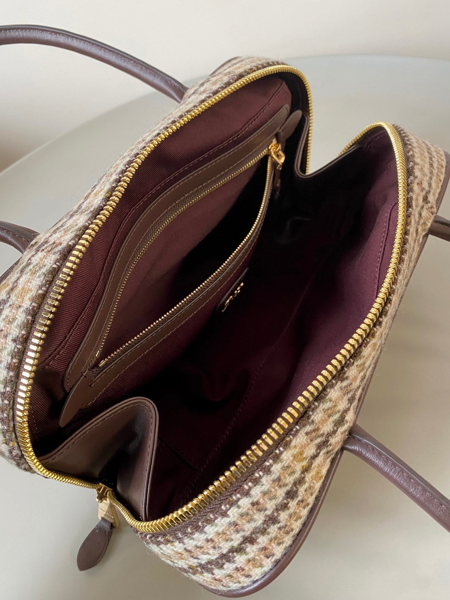 MIU MIU BEAU TOP HANDLE BAG 27 IN BEIGE TARTAN AND COCOA BROWN LEATHER TRIM