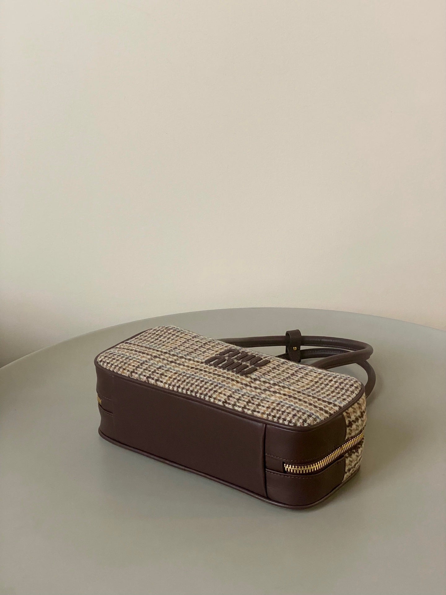 MIU MIU BEAU TOP HANDLE BAG 27 IN BEIGE TARTAN AND COCOA BROWN LEATHER TRIM