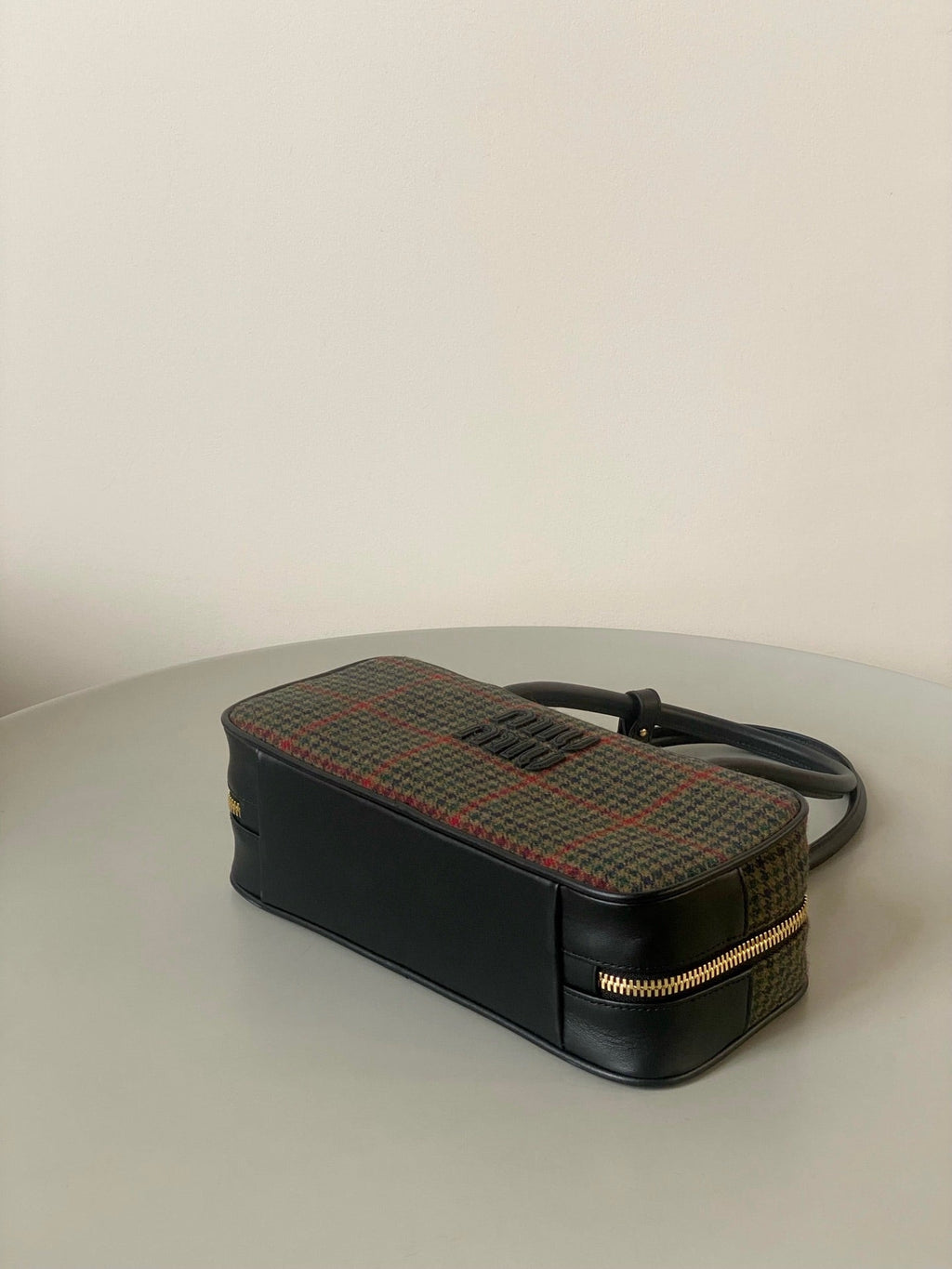 MIU MIU BEAU TOP HANDLE BAG 27 IN LODEN GREEN TARTAN AND BLACK LEATHER TRIM