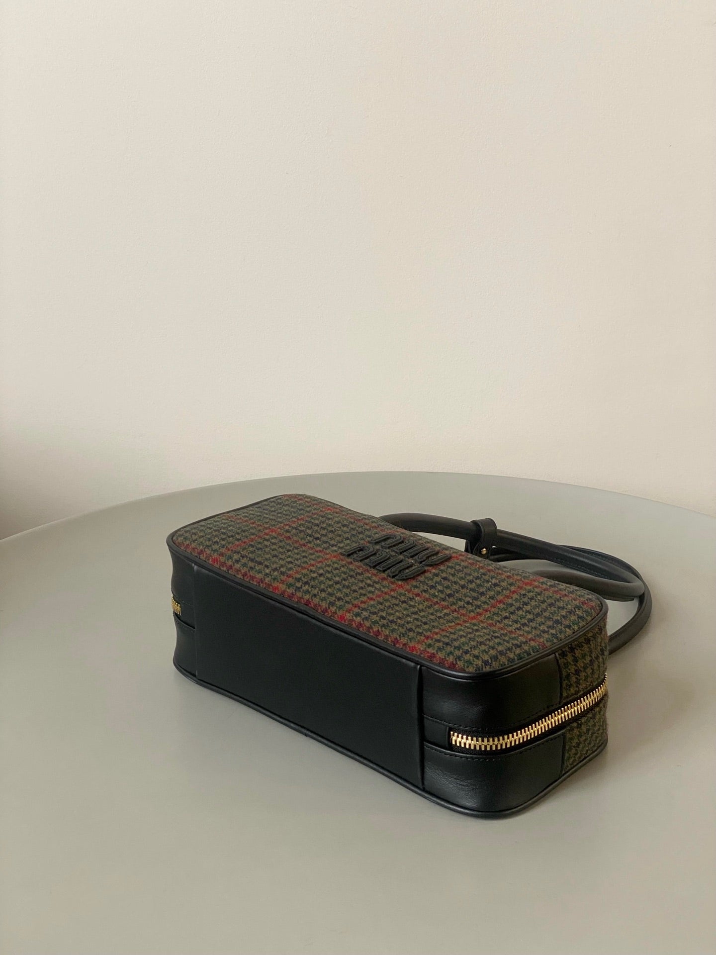 MIU MIU BEAU TOP HANDLE BAG 27 IN LODEN GREEN TARTAN AND BLACK LEATHER TRIM