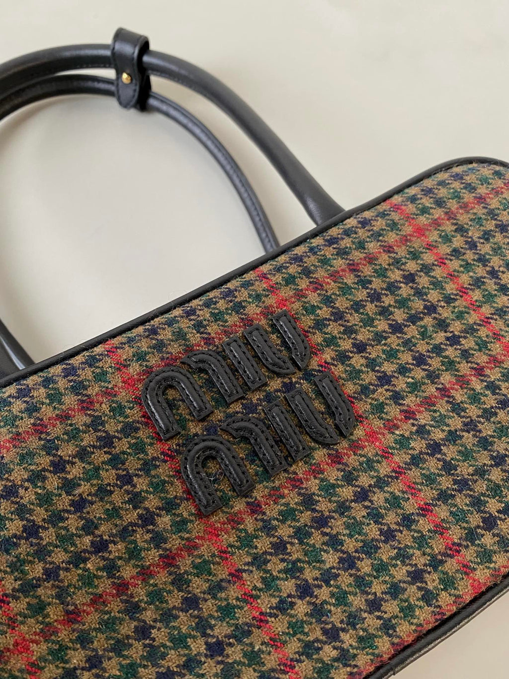 MIU MIU BEAU TOP HANDLE BAG 27 IN LODEN GREEN TARTAN AND BLACK LEATHER TRIM