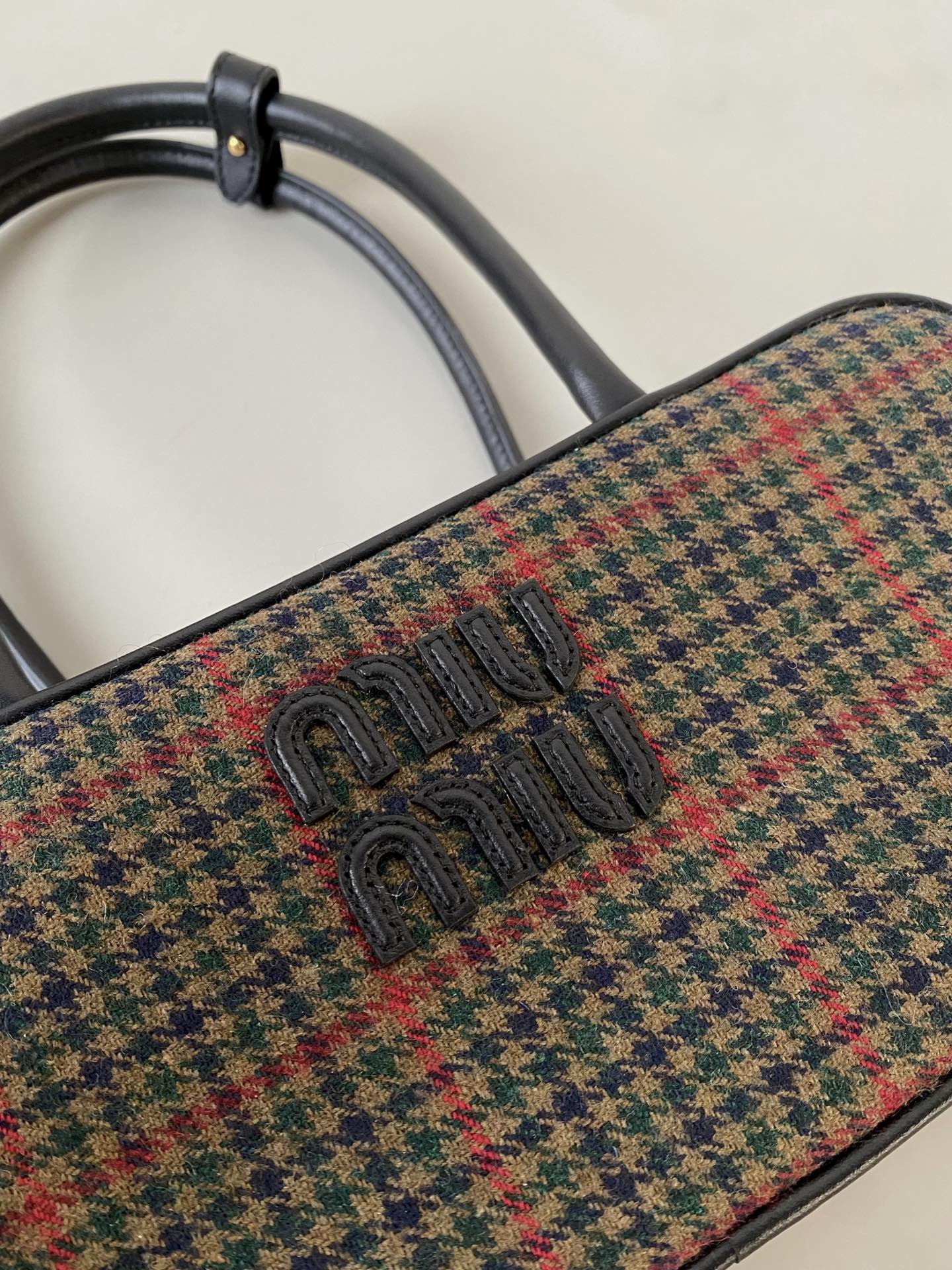 MIU MIU BEAU TOP HANDLE BAG 27 IN LODEN GREEN TARTAN AND BLACK LEATHER TRIM