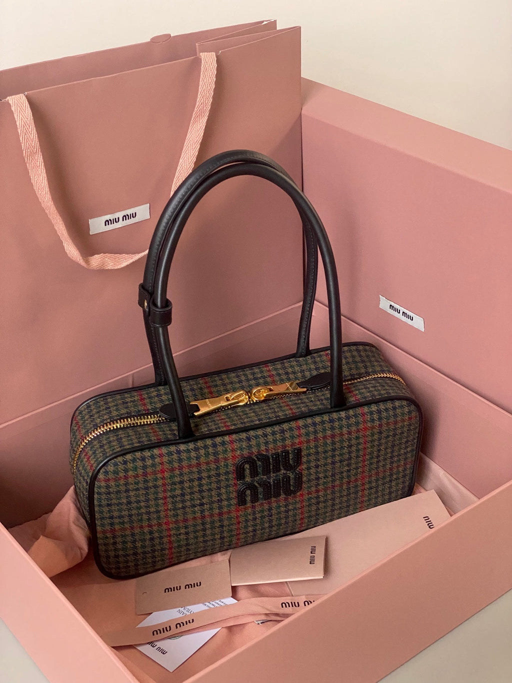 MIU MIU BEAU TOP HANDLE BAG 27 IN LODEN GREEN TARTAN AND BLACK LEATHER TRIM