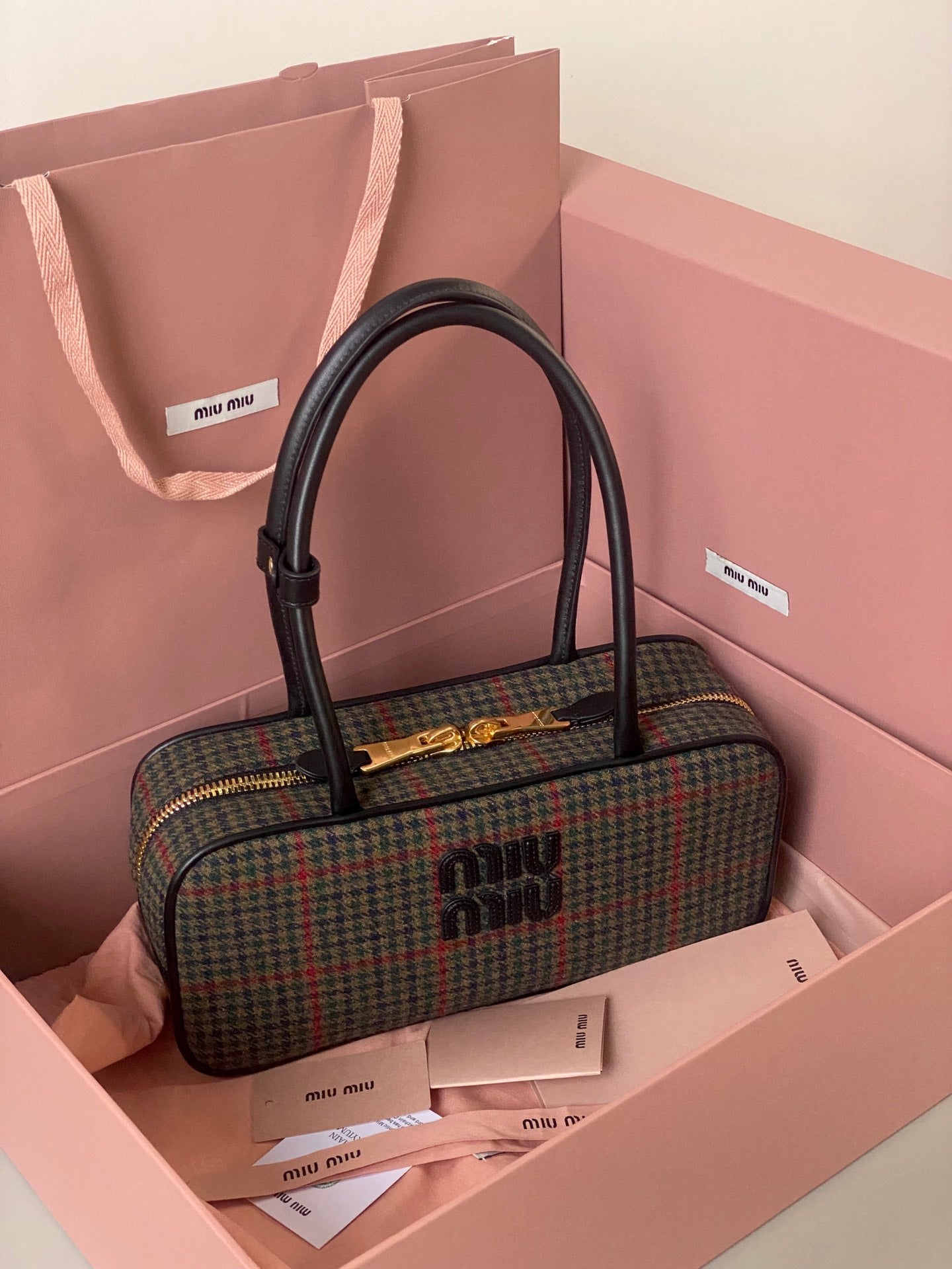 MIU MIU BEAU TOP HANDLE BAG 27 IN LODEN GREEN TARTAN AND BLACK LEATHER TRIM