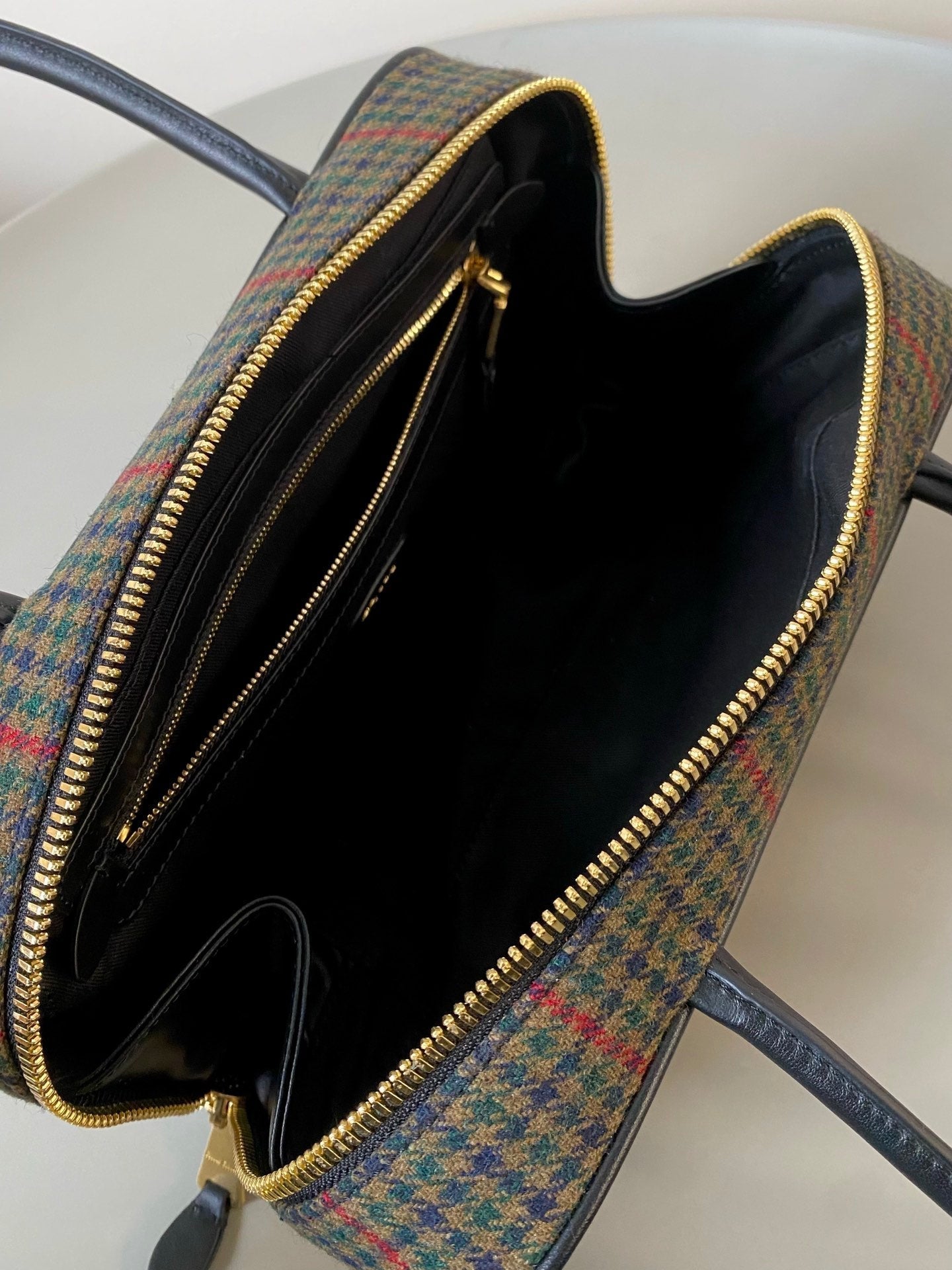 MIU MIU BEAU TOP HANDLE BAG 27 IN LODEN GREEN TARTAN AND BLACK LEATHER TRIM