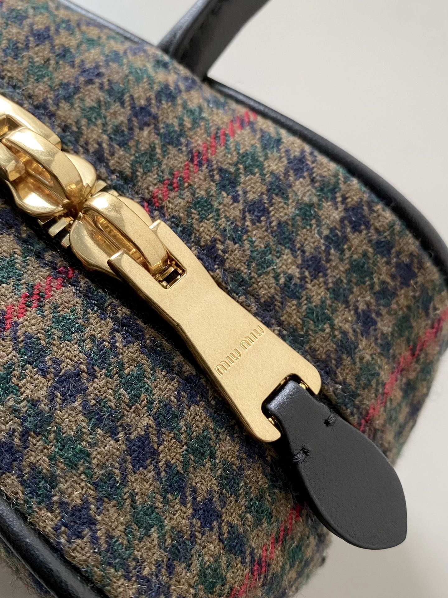 MIU MIU BEAU TOP HANDLE BAG 27 IN LODEN GREEN TARTAN AND BLACK LEATHER TRIM