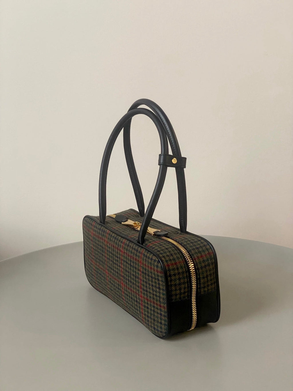 MIU MIU BEAU TOP HANDLE BAG 27 IN LODEN GREEN TARTAN AND BLACK LEATHER TRIM