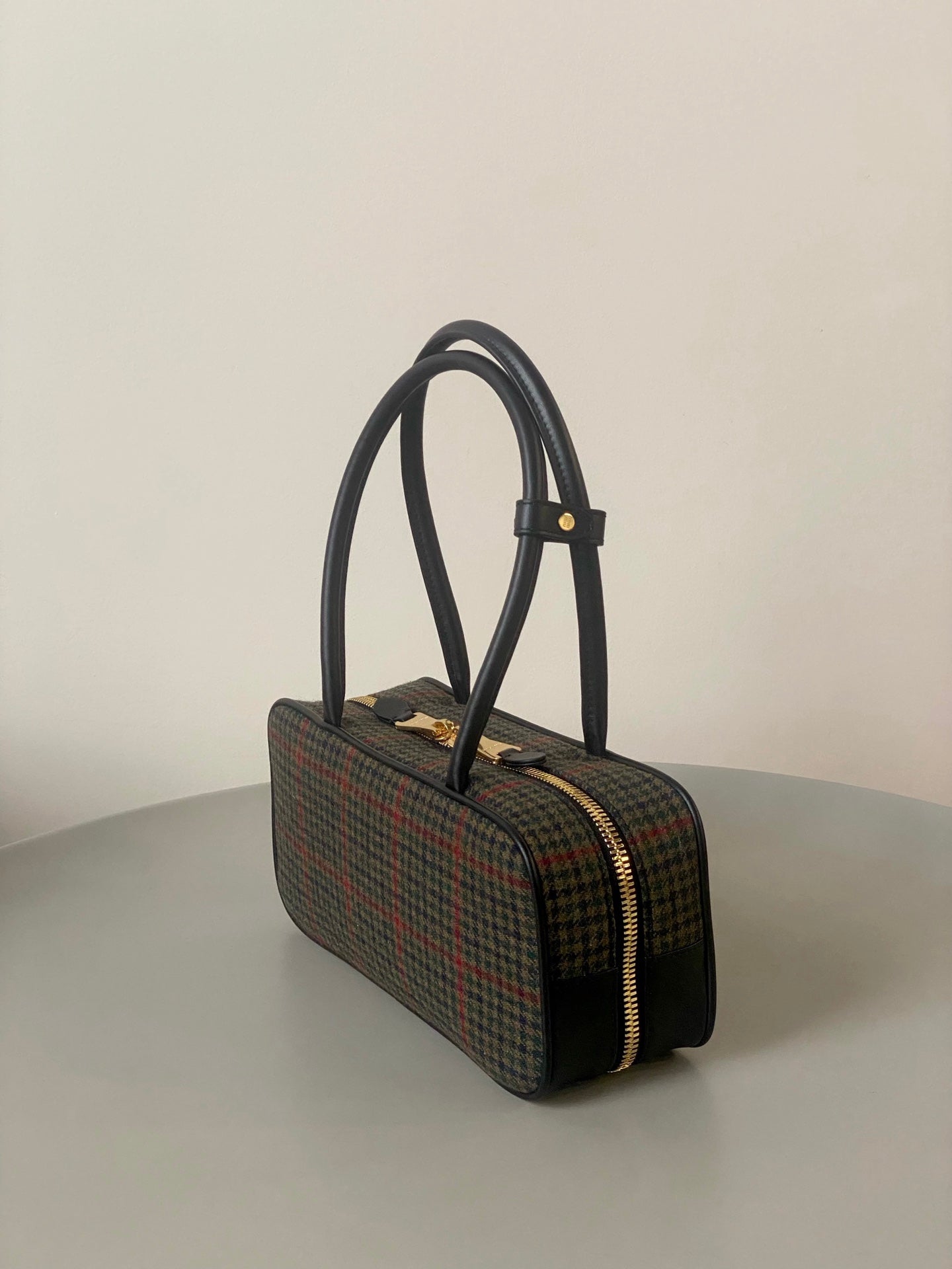 MIU MIU BEAU TOP HANDLE BAG 27 IN LODEN GREEN TARTAN AND BLACK LEATHER TRIM