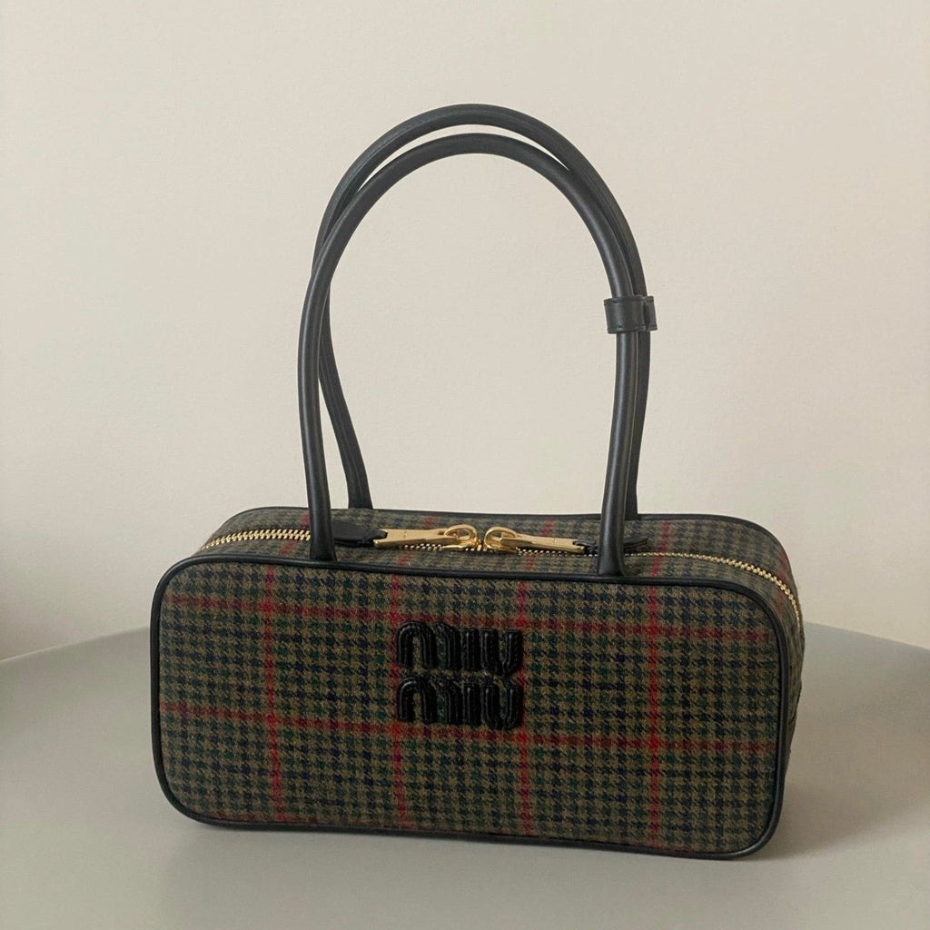 MIU MIU BEAU TOP HANDLE BAG 27 IN LODEN GREEN TARTAN AND BLACK LEATHER TRIM