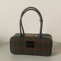 MIU MIU BEAU TOP HANDLE BAG 27 IN LODEN GREEN TARTAN AND BLACK LEATHER TRIM