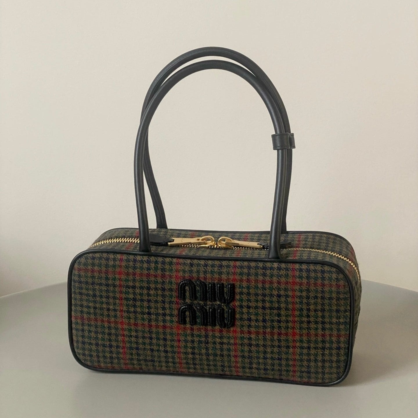MIU MIU BEAU TOP HANDLE BAG 27 IN LODEN GREEN TARTAN AND BLACK LEATHER TRIM