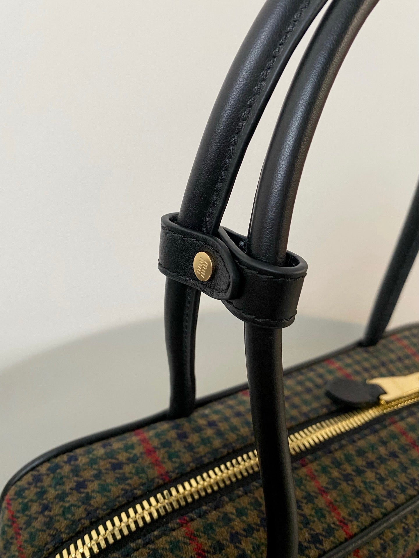 MIU MIU BEAU TOP HANDLE BAG 27 IN LODEN GREEN TARTAN AND BLACK LEATHER TRIM