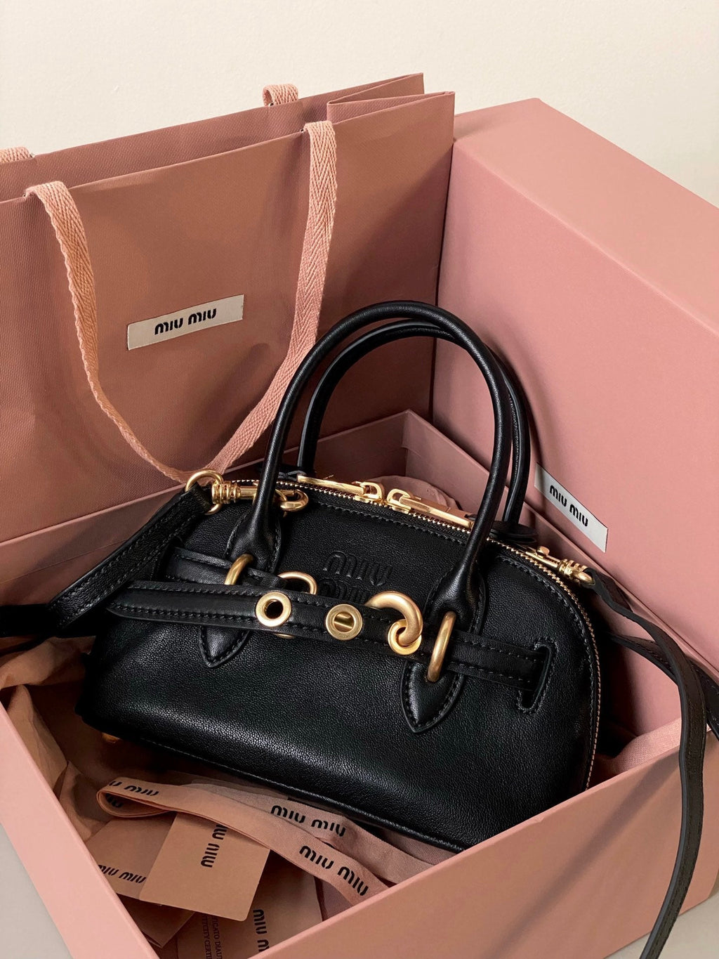 MIU MIU AVENTURE NAPPA MINI BAG 21 IN BLACK CALFSKIN GOLD HARDWARE
