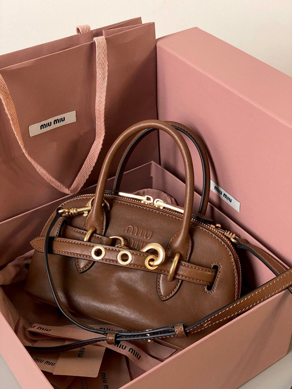 MIU MIU AVENTURE NAPPA MINI BAG 21 IN RUSSET BROWN CALFSKIN GOLD HARDWARE