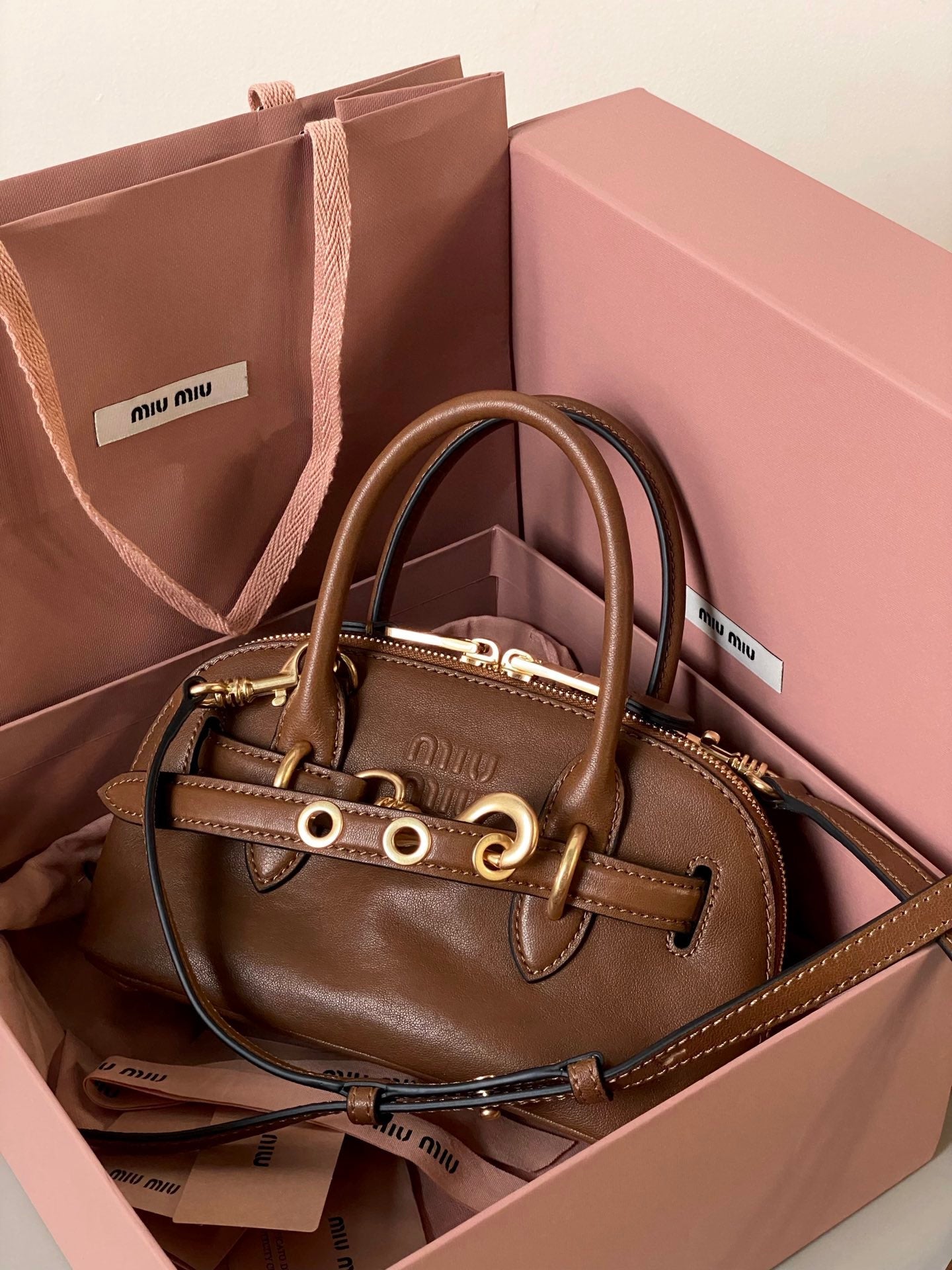 MIU MIU AVENTURE NAPPA MINI BAG 21 IN RUSSET BROWN CALFSKIN GOLD HARDWARE