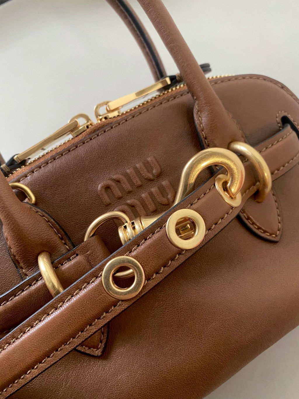 MIU MIU AVENTURE NAPPA MINI BAG 21 IN RUSSET BROWN CALFSKIN GOLD HARDWARE