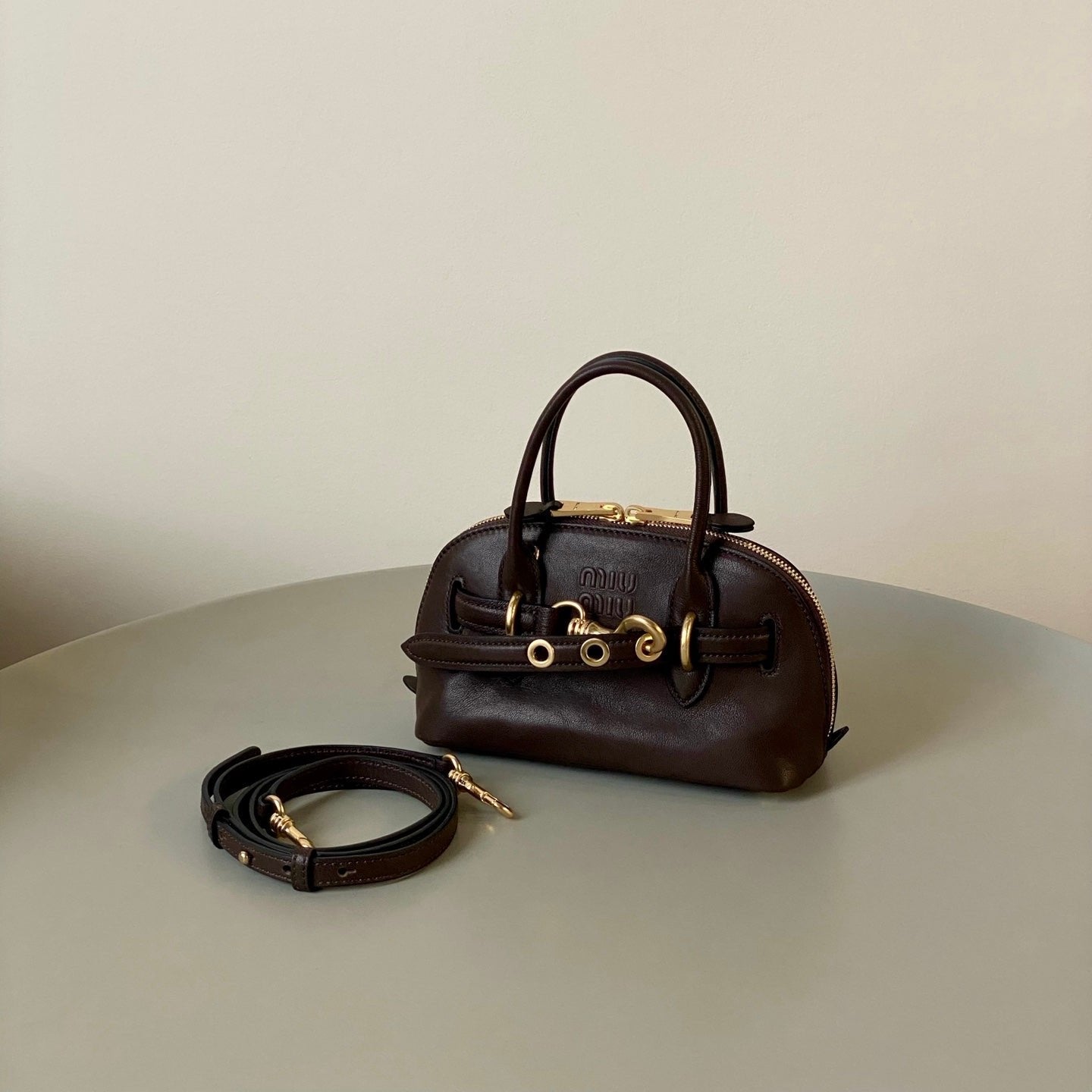 MIU MIU AVENTURE NAPPA MINI BAG 21 IN BRUNETTE BROWN CALFSKIN GOLD HARDWARE