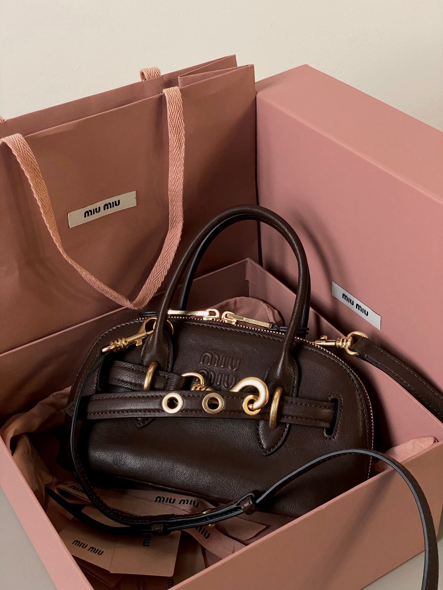MIU MIU AVENTURE NAPPA MINI BAG 21 IN BRUNETTE BROWN CALFSKIN GOLD HARDWARE
