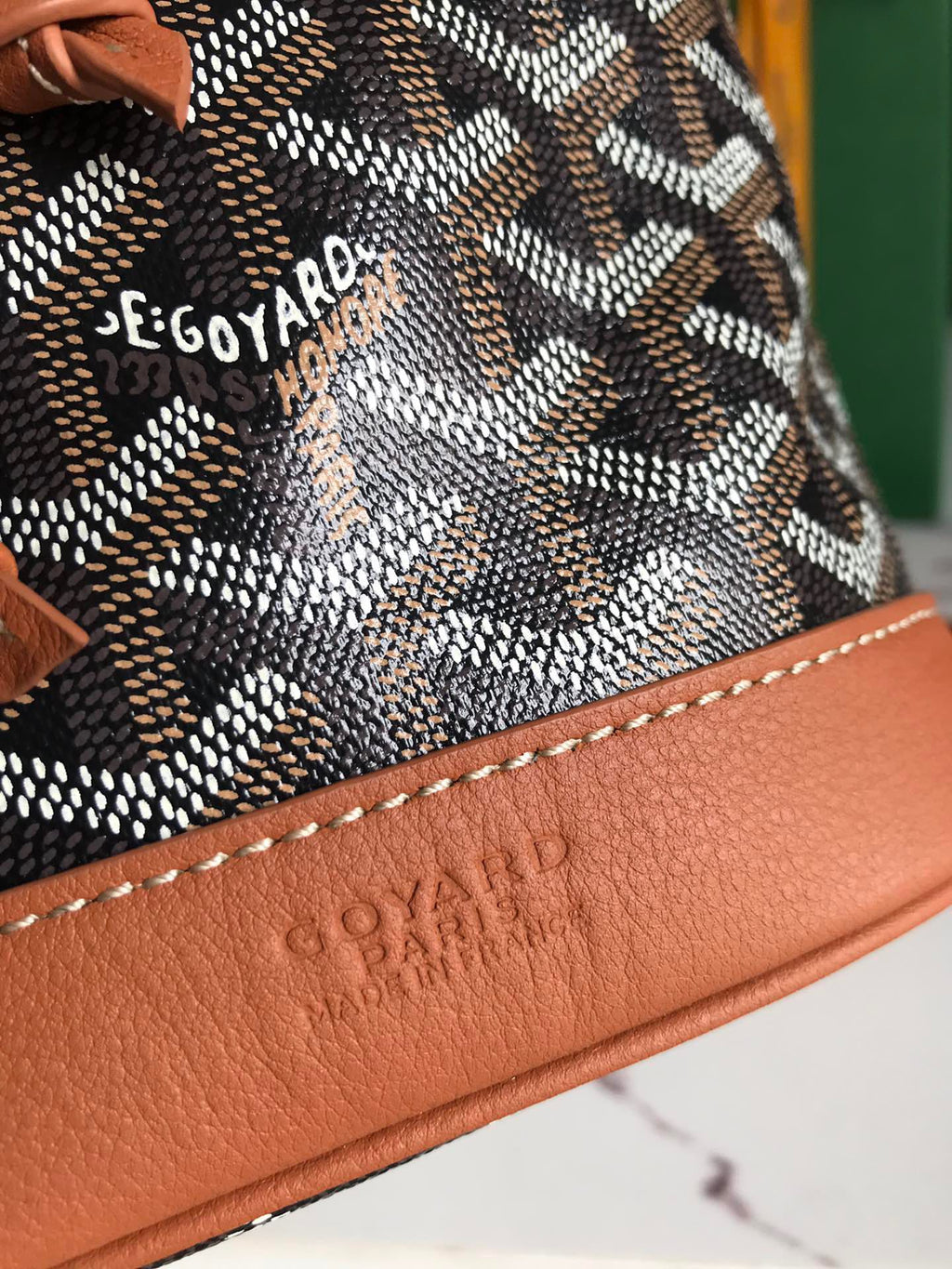 GOYARD PETIT FLOT BUCKET BAG 22 IN BLACK GOYARDINE CANVAS AND TAN LAMBSKIN TRIM
