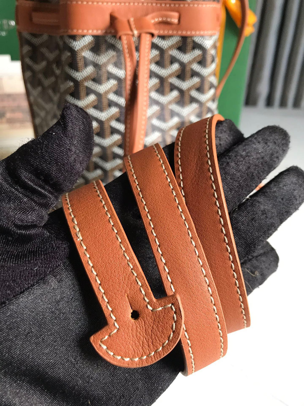 GOYARD PETIT FLOT BUCKET BAG 22 IN BLACK GOYARDINE CANVAS AND TAN LAMBSKIN TRIM