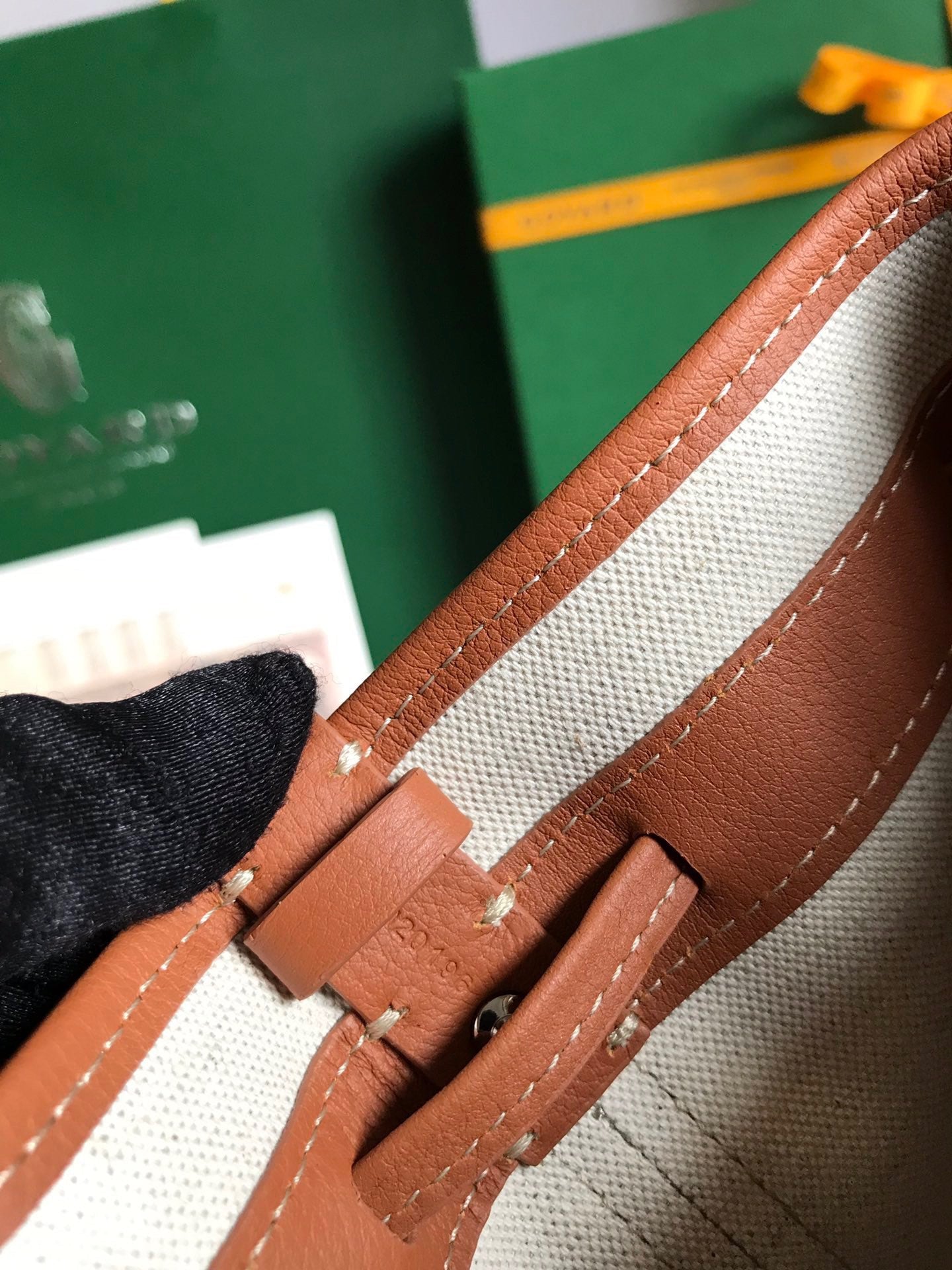 GOYARD PETIT FLOT BUCKET BAG 22 IN BLACK GOYARDINE CANVAS AND TAN LAMBSKIN TRIM