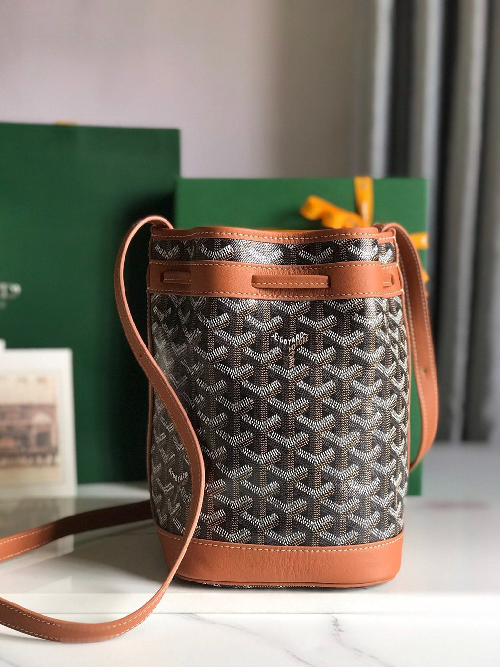 GOYARD PETIT FLOT BUCKET BAG 22 IN BLACK GOYARDINE CANVAS AND TAN LAMBSKIN TRIM